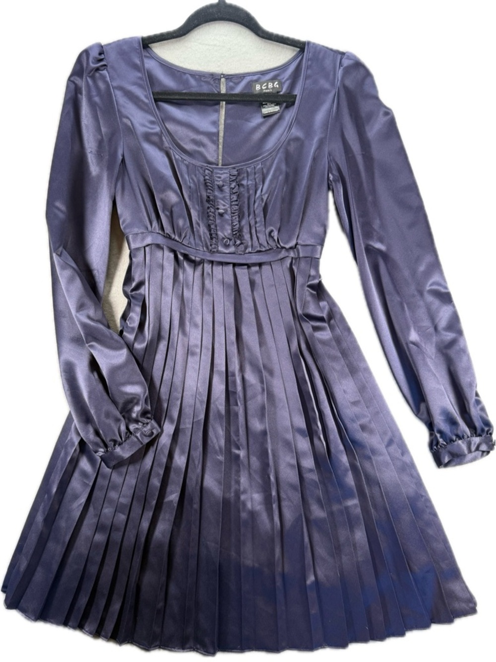 BCBG Paris Navy Satin Pleated Mini Dress Long Sleeve Ruffle Cocktail Party